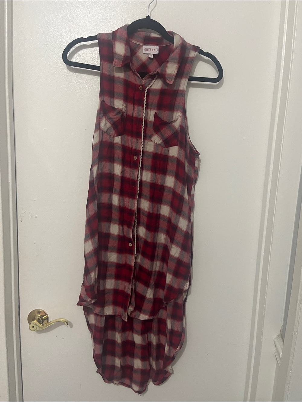 Shyanne Red and White Plaid Sleeveless High-Low Shirt Dress